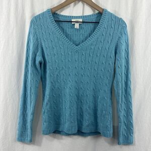 LOFT Blue Cableknit Rabbit Hair Blend Vneck Sweater Womens Size LP Preppy